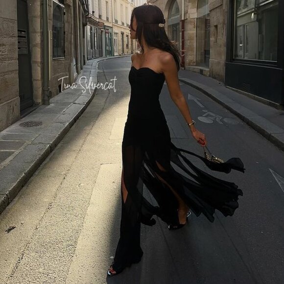 BLOGGER'S FAVE! Zara Semi Sheer Strapless Midi Dress Black NWT - Picture 3 of 14